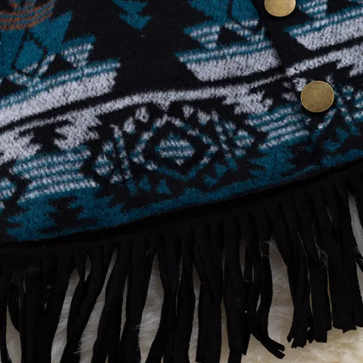 Trailblazer Chic: Teal & Black Aztec Fringe Skirt image 1