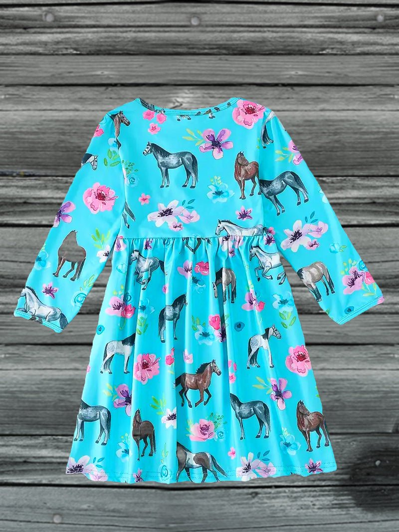 "Gallop & Bloom" Blue Horse Print Long Sleeve Dress image 1