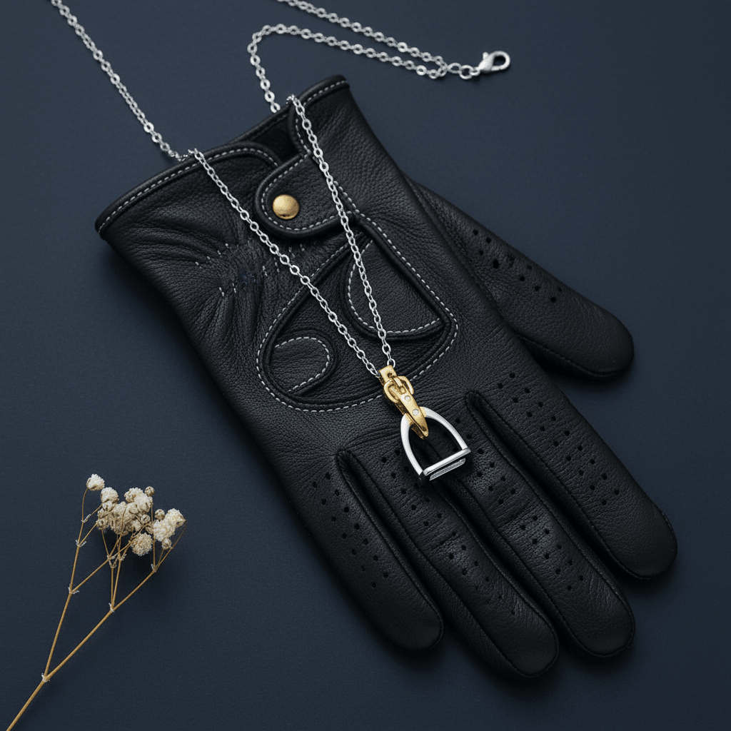 Two-tone stirrup necklace draped over black English riding glove - equestrian jewelry horse lover gift girls