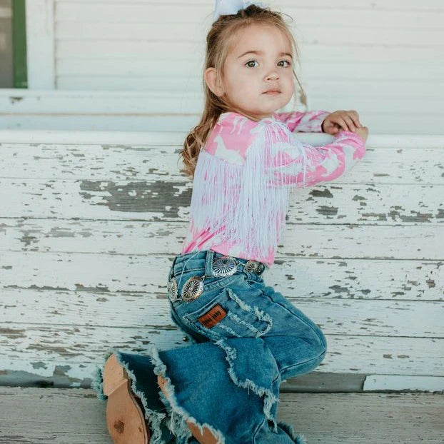 Grazing Horses Long Sleeve Fringe Dress Onesie for Baby Cowgirls image 1