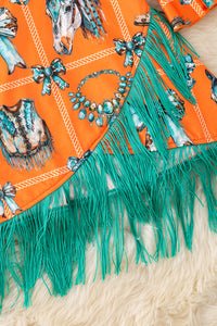 Orange Bell Sleeve Western Dress with Teal Fringe