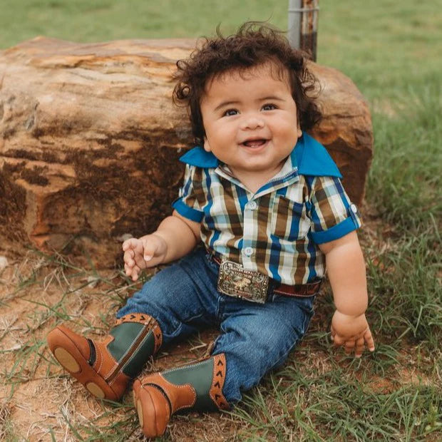 Little Wrangler" Blue Plaid Snap-Up Onesie & Shirt image 2