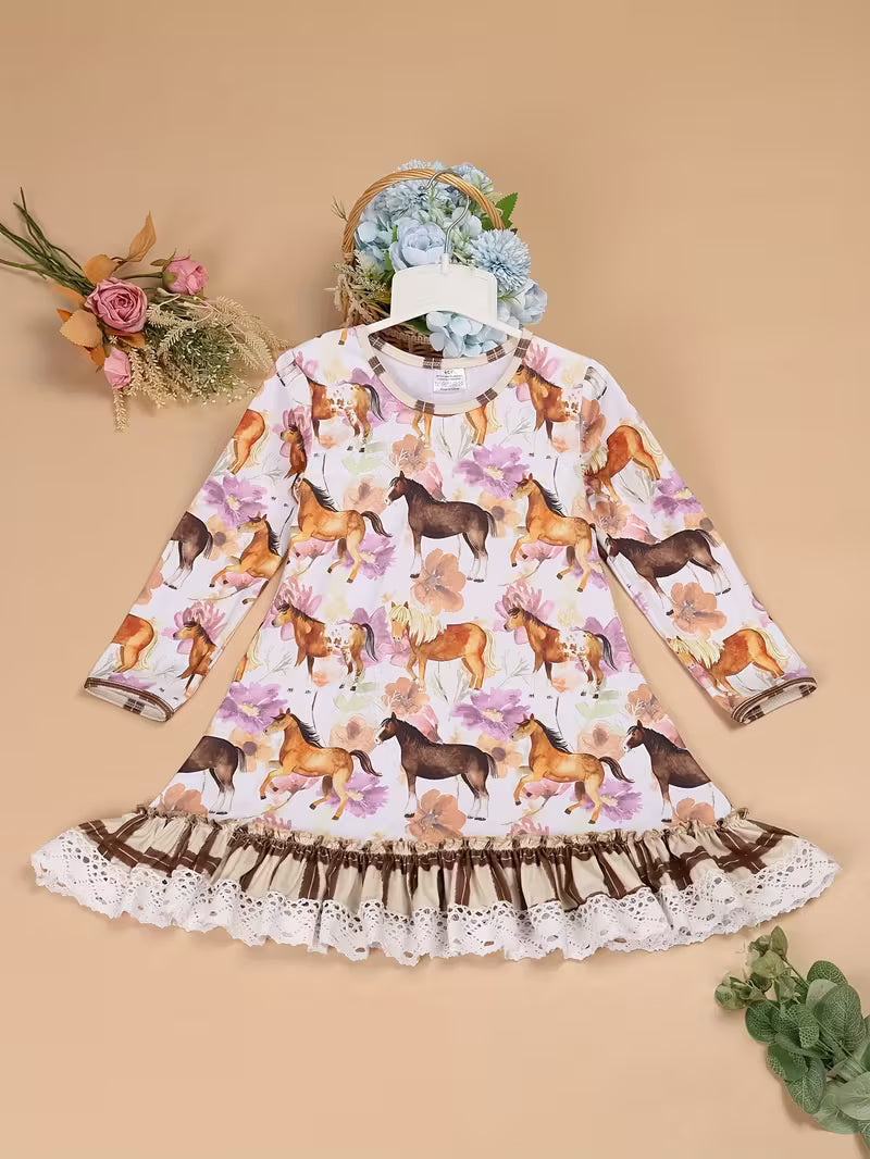 Girl's Countryside Charm Set โ Horse & Flower Print Dress with Plaid Lace Pants
