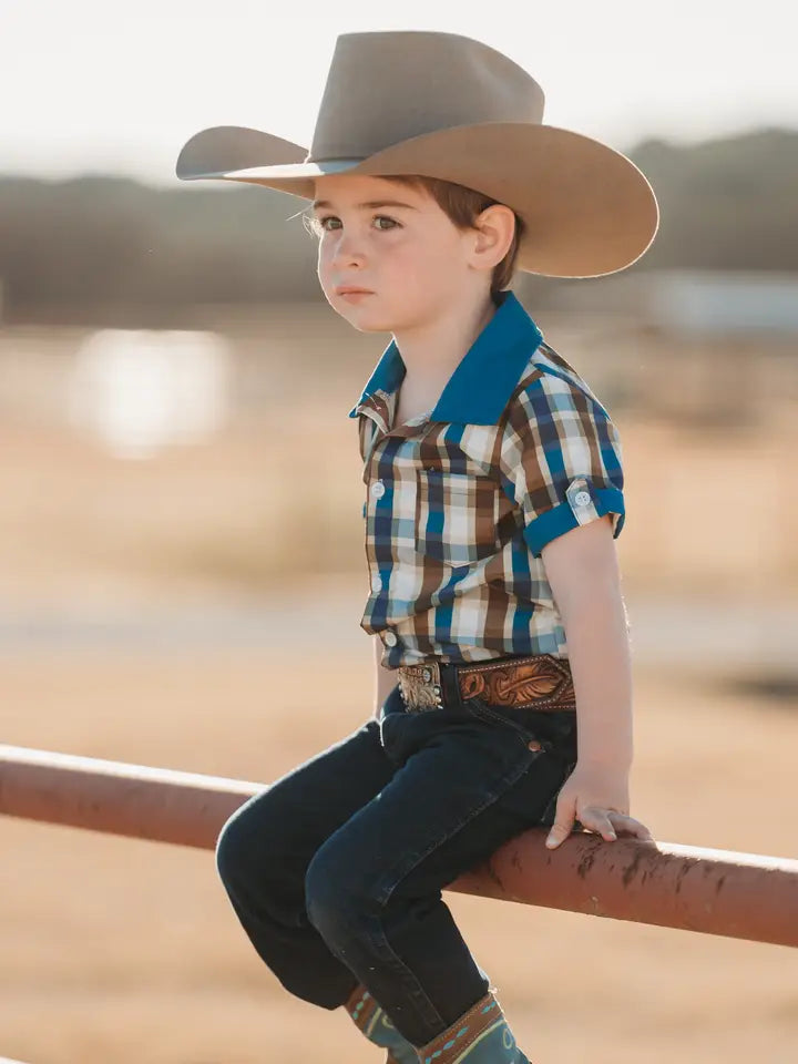 Little Wrangler" Blue Plaid Snap-Up Onesie & Shirt image 1
