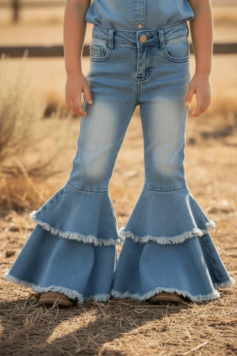 Light Blue Western Double-Layer Bell Jeans with Adjustable String