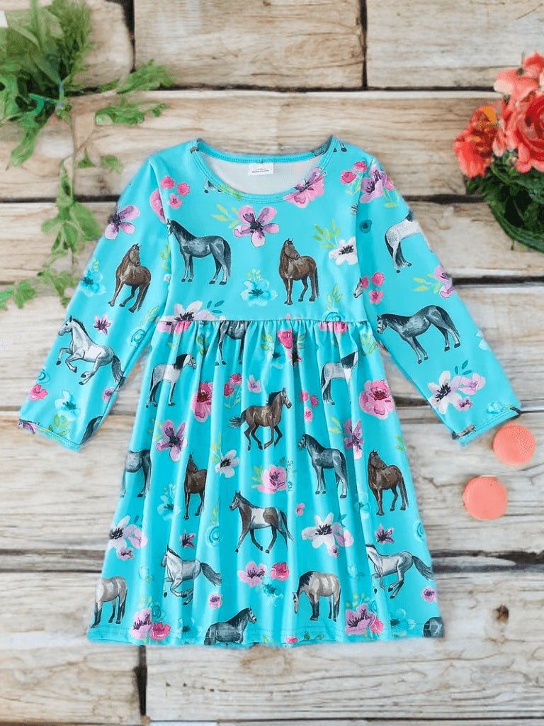 "Gallop & Bloom" Blue Horse Print Long Sleeve Dress image 0