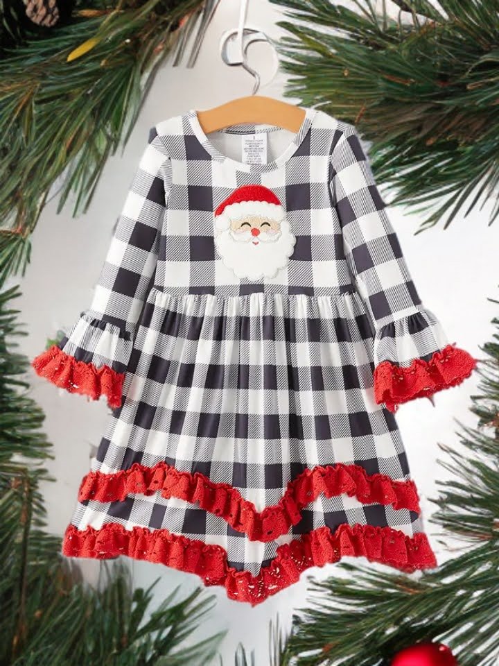 Girls Christmas Applique Long Sleeve Dress 3