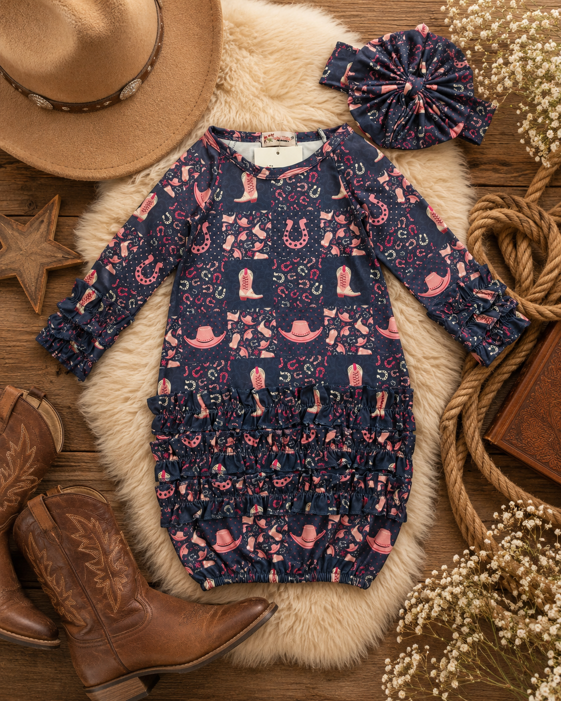 Preppy Cowgirl Newborn Baby Gown with Matching Headband