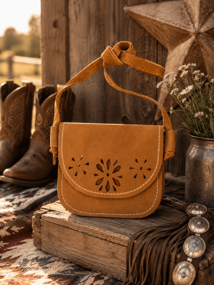 A tan leather shoulder bag with floral cutout details on the front flap, displayed on a rustic wooden crate with cowboy boots, a metal vase of wildflowers, and western accessories in a warm, styled setting.