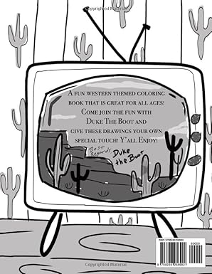 Black and white coloring book with a TV and cactus design, featuring text about the book's theme and target audience.