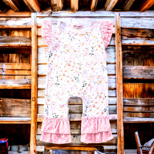 Floral baby romper with horse petal pattern, perfect for infant horse gifts, displayed on rustic wooden background.