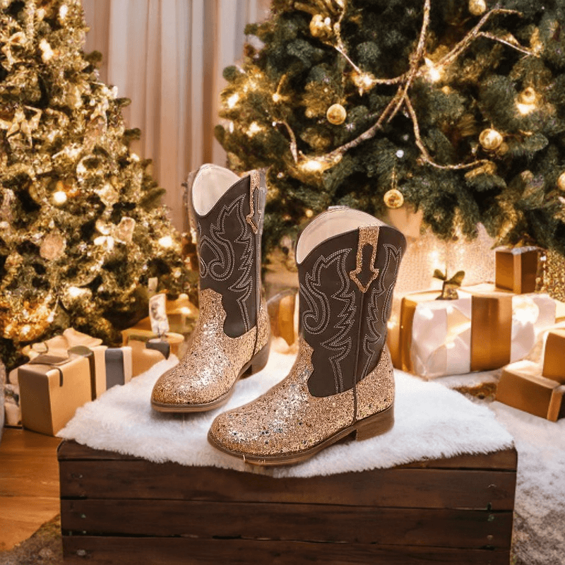 Shimmering Square Toe Glitter Cowgirl Boots for Girls