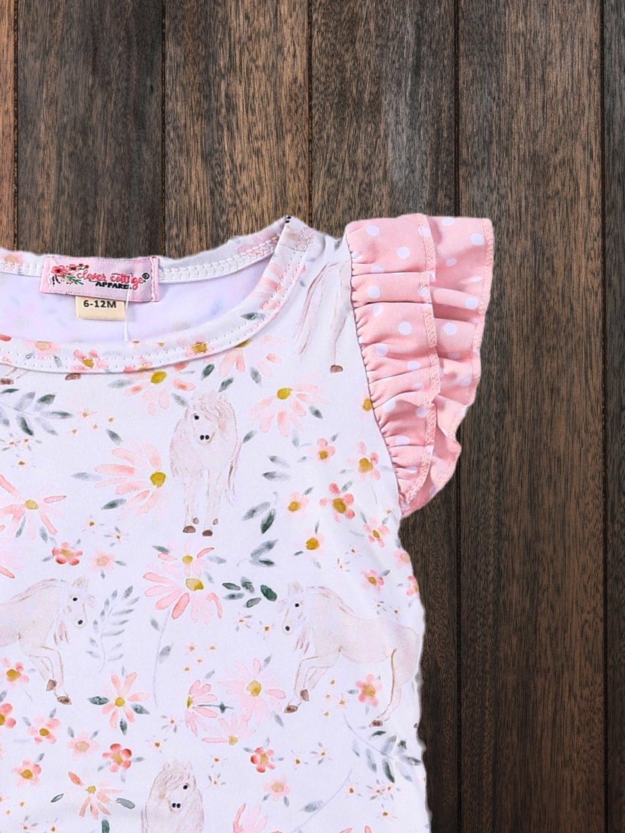 Horse-themed infant romper with floral design, perfect for infant horse gifts.