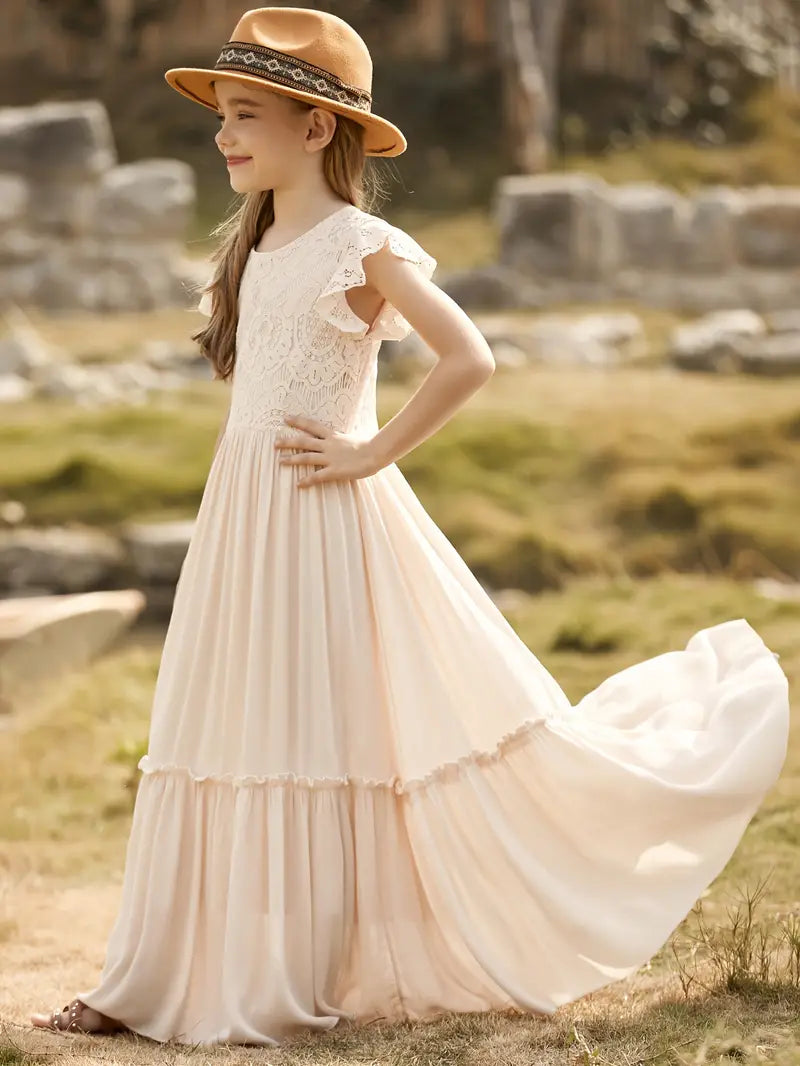 Western Floral Lace Maxi Dress for Girls — Elegant Cowgirl Dress