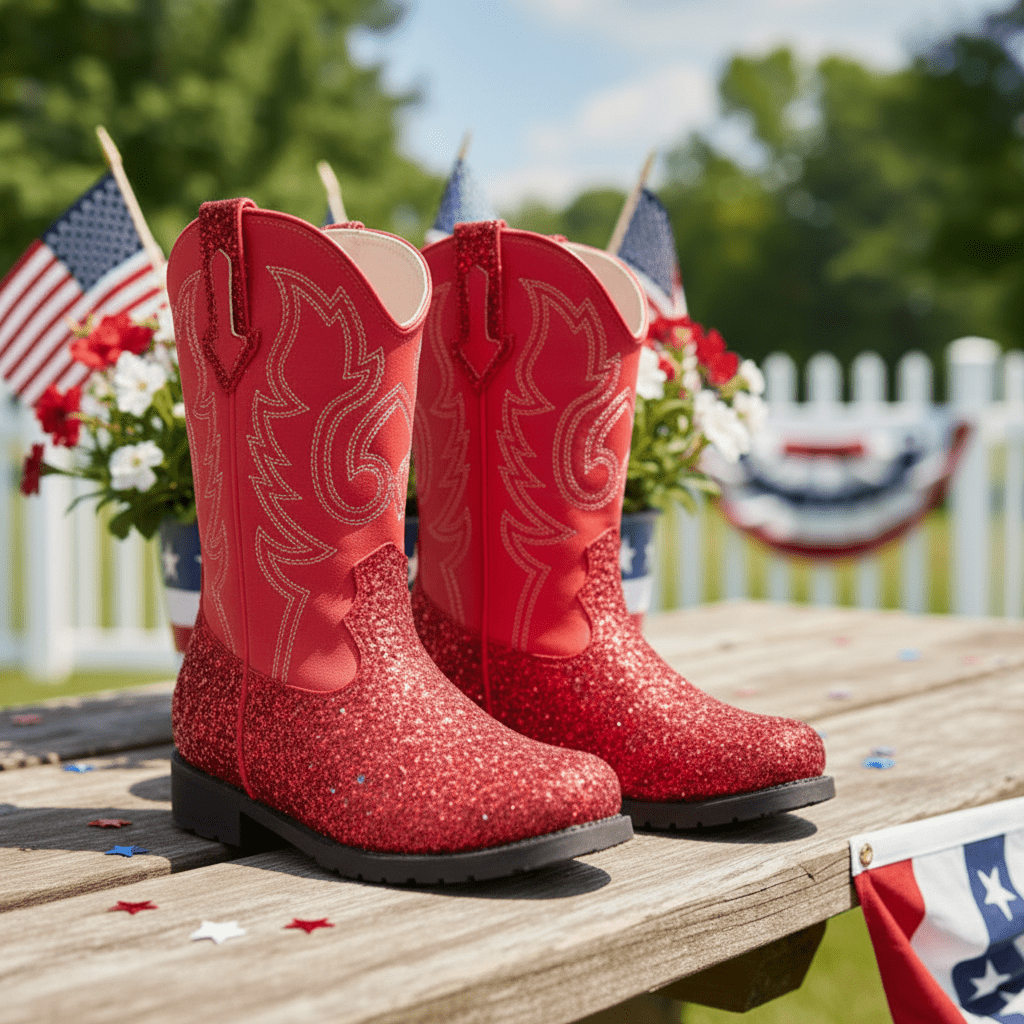 Red glitter cowboy boots on a wooden surface with American flags and flowers in the background.