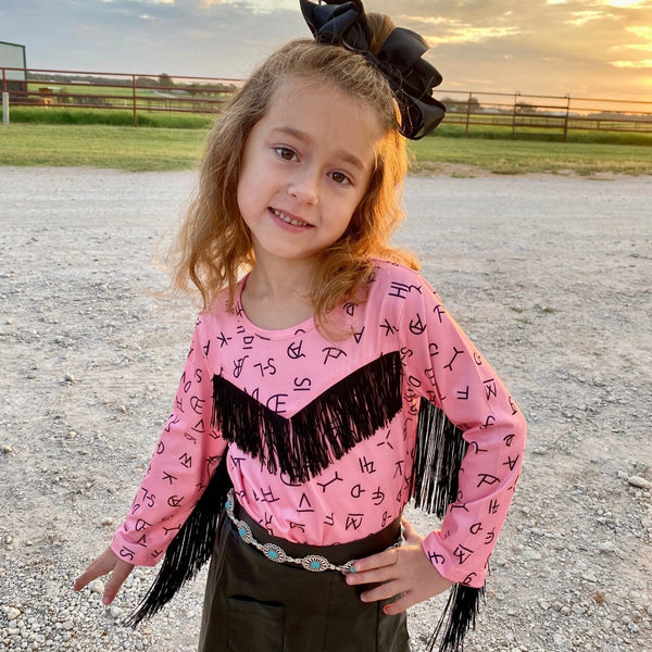 Pink Branding Iron Long Sleeve Fringe Shirt