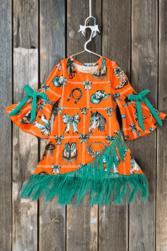 Orange Bell Sleeve Western Dress with Teal Fringe