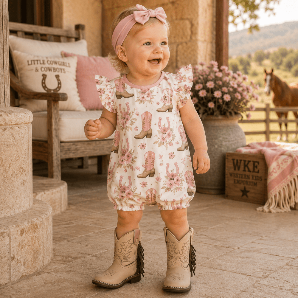 A toddler stands on a rustic porch wearing a pink and beige floral romper with cowboy boot prints, a matching pink bow headband, and beige western-style boots. The background shows a stone porch, cushions, flowers, and a horse in the distance.