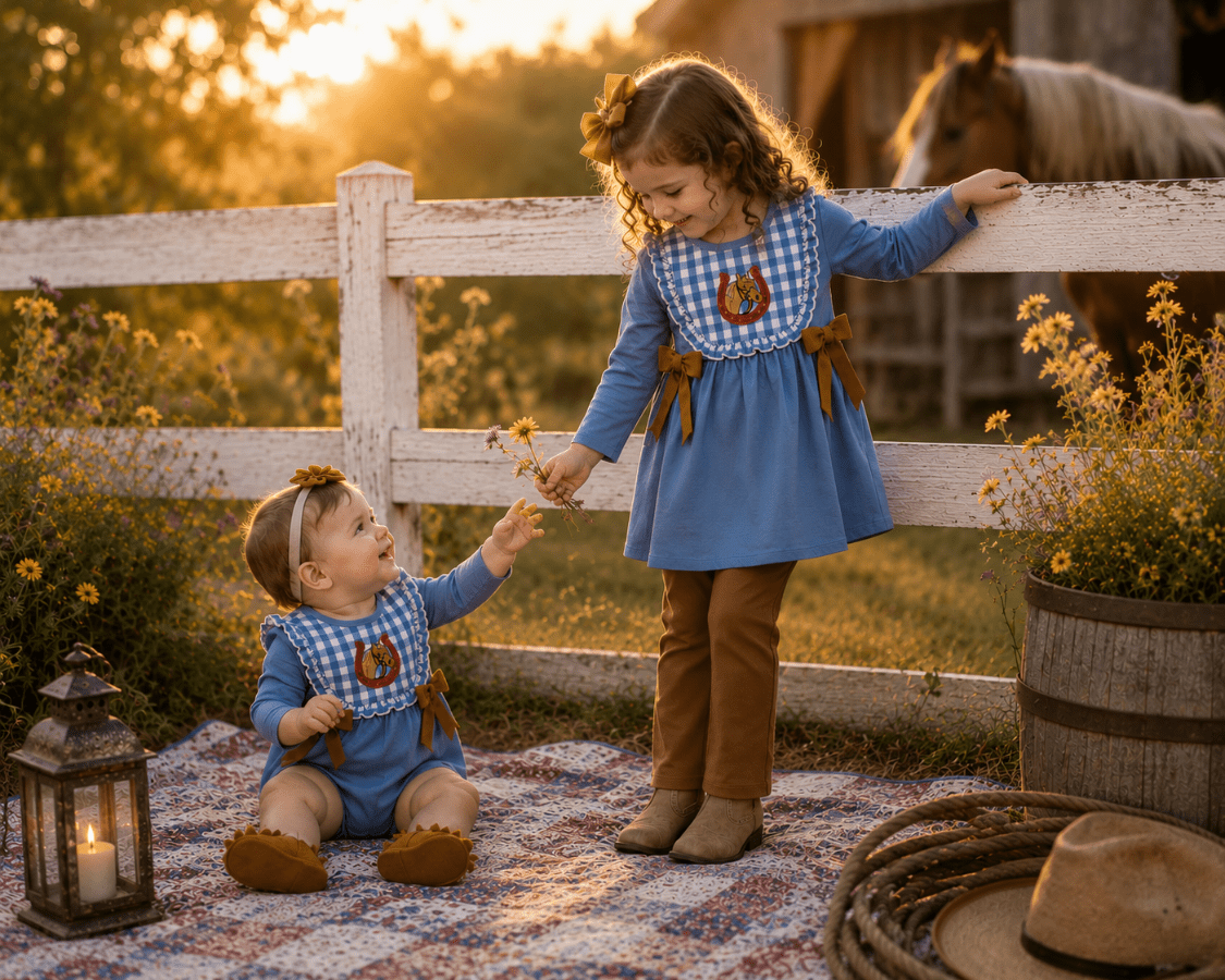 Two children wearing matching blue gingham bib-and-tunic outfits with brown leggings and tan boots, standing and sitting outdoors by a white fence at sunset with a horse in the background.