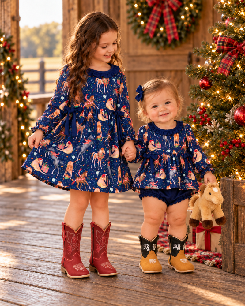 Sisters in Christmas outfits