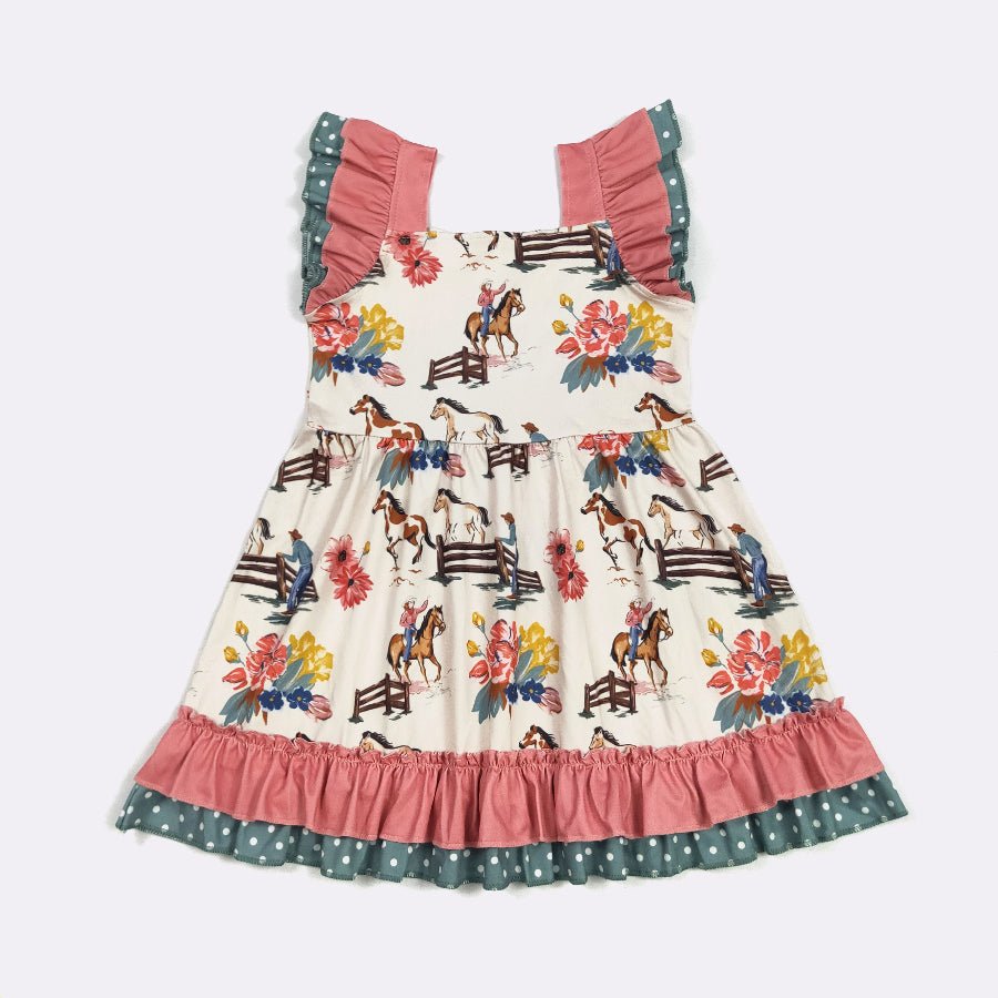 Children's dress with horse and floral pattern on a white background