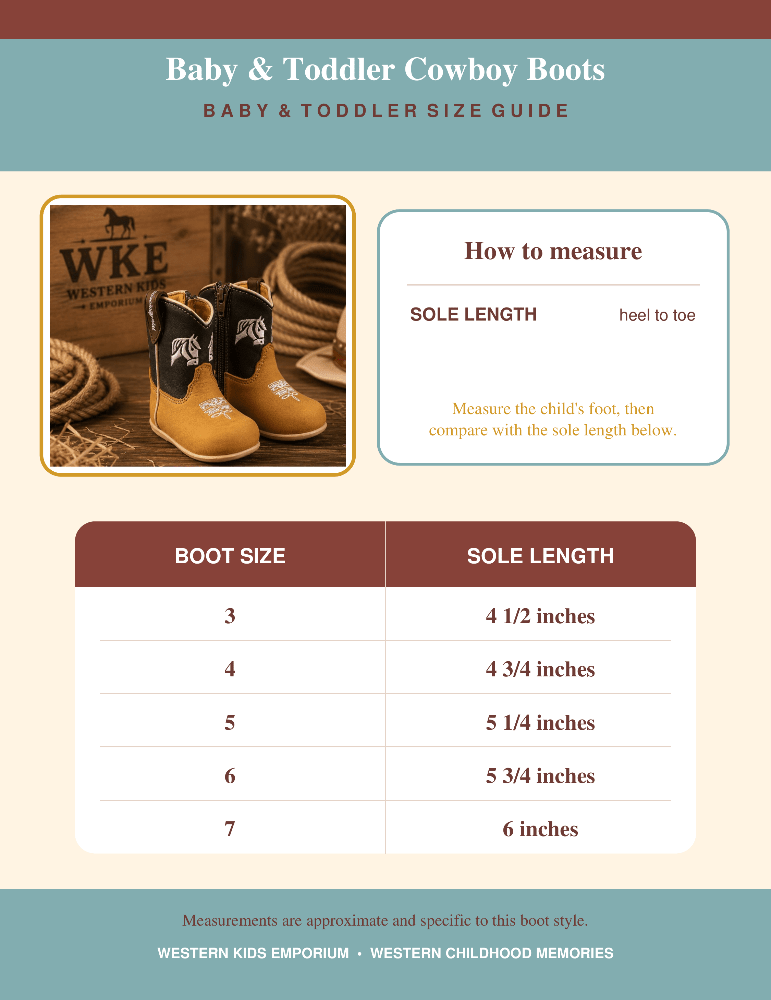 Baby & Toddler Cowboy Boots size guide infographic with a small photo of tan cowboy boots, a measurement instruction panel, and a boot size to sole length table.