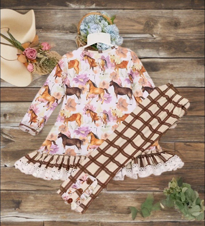 Girl's Countryside Charm Set โ Horse & Flower Print Dress with Plaid Lace Pants