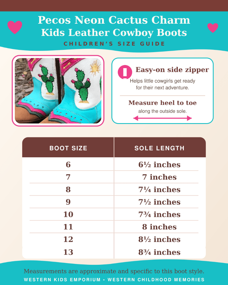 A size guide infographic for Pecos Neon Cactus Charm Kids Leather Cowboy Boots, showing a photo of decorated cowboy boots, key features, and a size chart listing heel-to-toe measurements for boot sizes 6 through 13.
