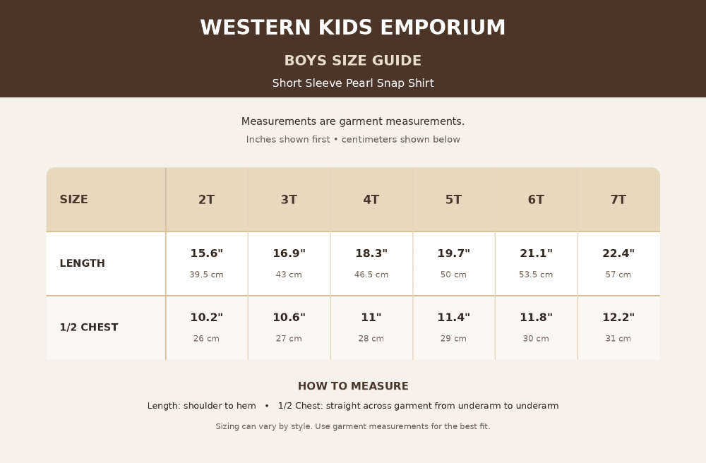 A size guide chart for Western Kids Emporium Boys, showing garment measurements in centimeters and inches for sizes 2T through 7T, including length and 1/2 chest measurements, with a how-to-measure section.