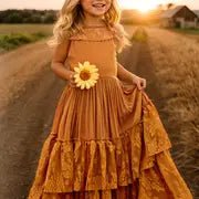 Girl's Cotton Long Dresses Kid's Flower Wedding Princess Party Vestido Coffee / 6y Girl's Cotton Long Dresses Kid's Flower Wedding Princess Party Vestido Coffee / 6y
