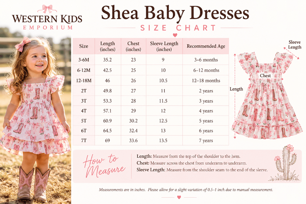 A size chart and informational graphic for Western Kids Emporium Shea Baby Dresses, featuring a size table, measurement instructions, and a photo of a young girl wearing a pink patterned dress.