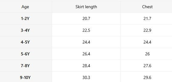 Size chart for equestrian print dress showing skirt length and chest measurements for ages 1-10 years.