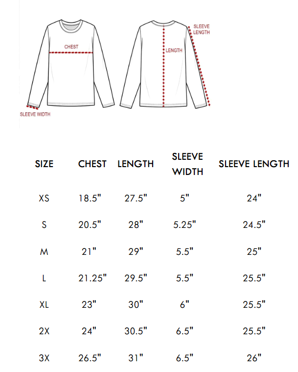 Adult women’s western shirt size chart with measurements for chest, length, sleeve width, and sleeve length.