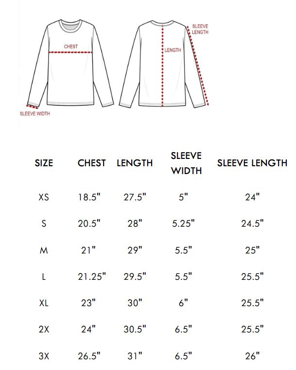 Adult women’s western shirt size chart with measurements for chest, length, sleeve width, and sleeve length.