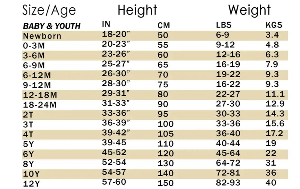 Size chart for Annie Oakley baby western outfit