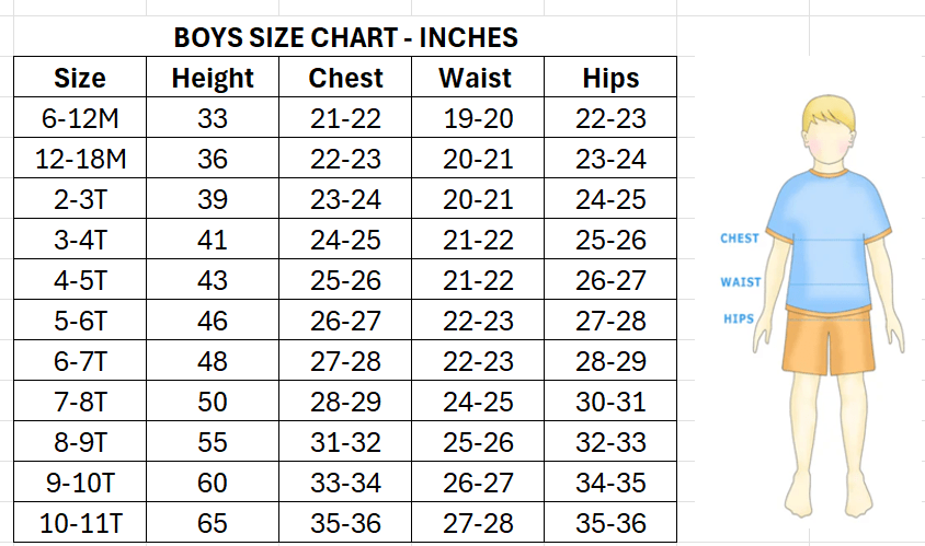 Size guide for boys Aztec swimwear
