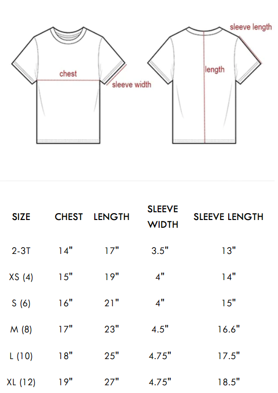 Kids Aztec western shirt size chart with chest, length, and sleeve measurements.