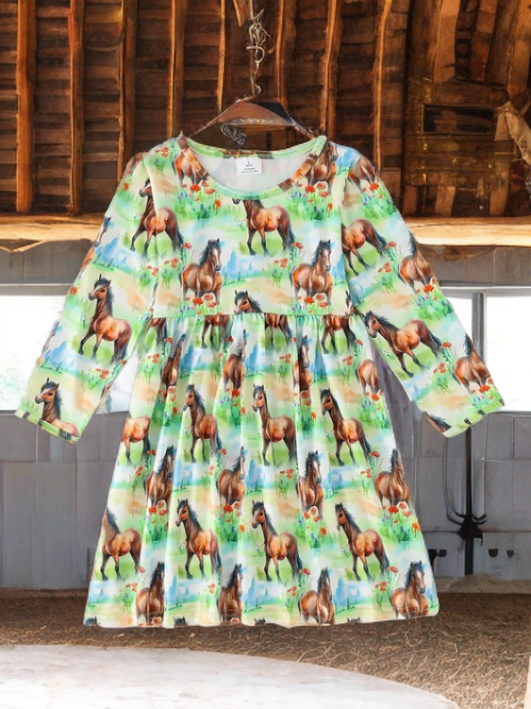 Galloping Grace: Green Horse Print Casual Dress image 0
