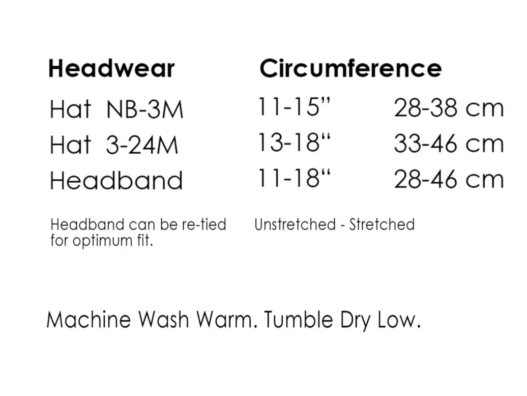 Sizing and care chart for baby cotton cowboy hat