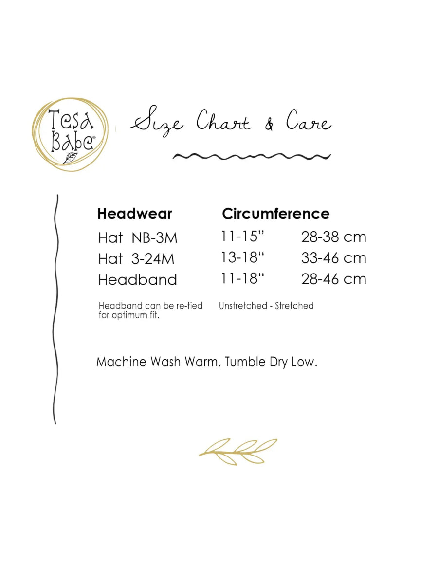 Size and care chart for baby cotton headbands