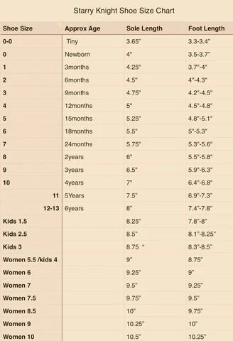 Size chart for baby moccasins shoes from newborn to toddler sizes