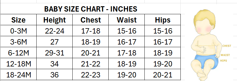 Size chart for patriotic baby outfit set