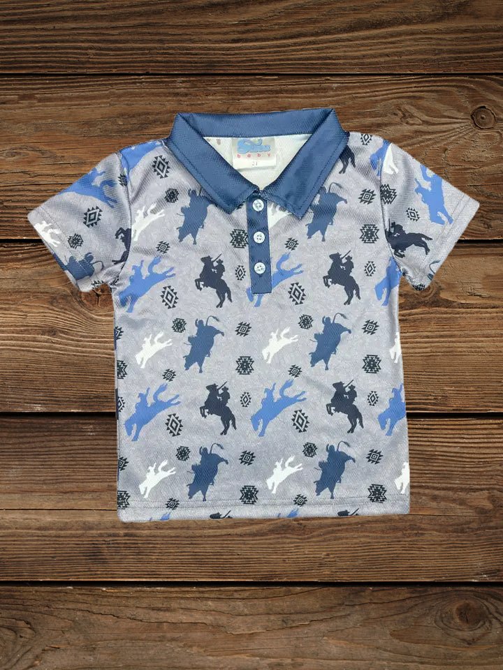 Flat lay of blue cowboy print polo shirt