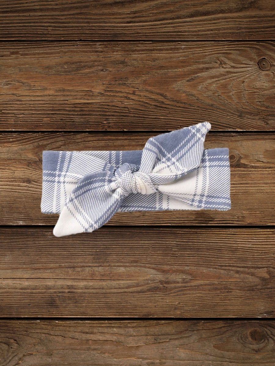 Blue gingham cotton headband for baby girl