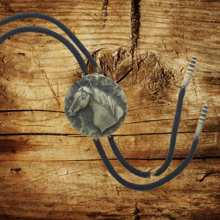 "Galloping Spirit" Horse Bolo Tie – Black Cord with Brass Tips image 0
