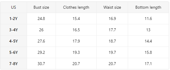 Size chart for boys western clothing set with shirt and shorts
