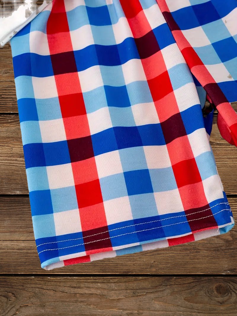 Blue and red plaid boys’ shorts close-up