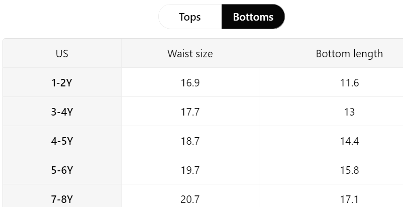 Size chart for boys’ Rodeo Star shorts
