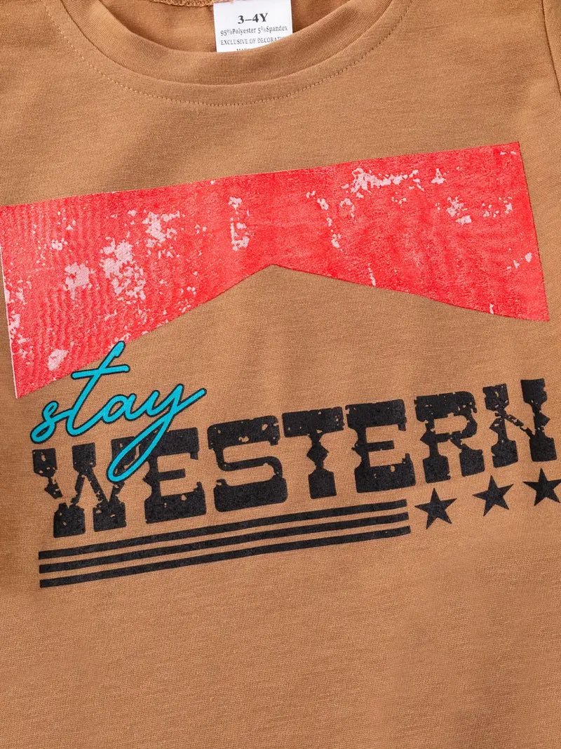 Beige Stay Western t-shirt with bold red and black western print