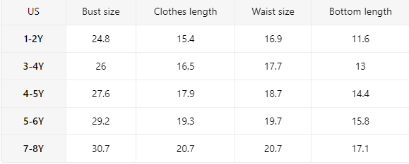 Size chart for boys western outfits with t-shirt and shorts